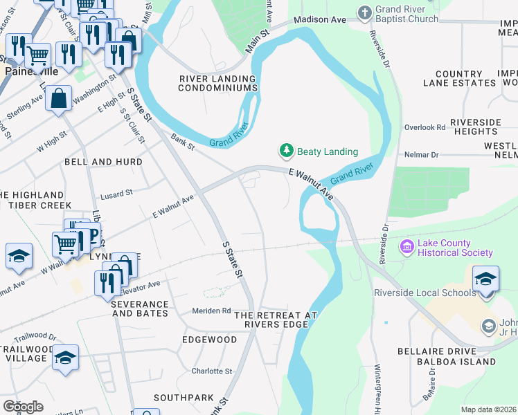 map of restaurants, bars, coffee shops, grocery stores, and more near 491 Bank Street in Painesville