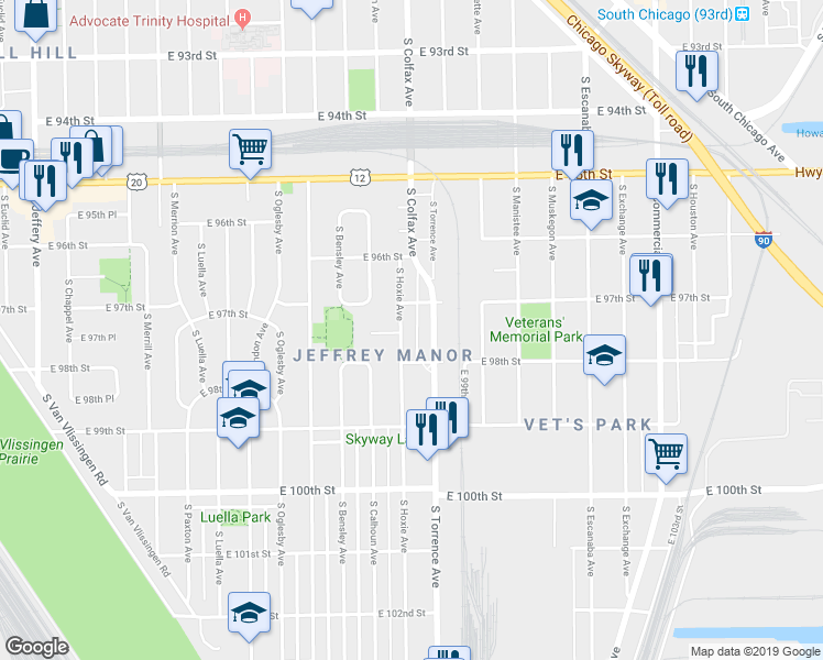 map of restaurants, bars, coffee shops, grocery stores, and more near 9735 South Hoxie Avenue in Chicago