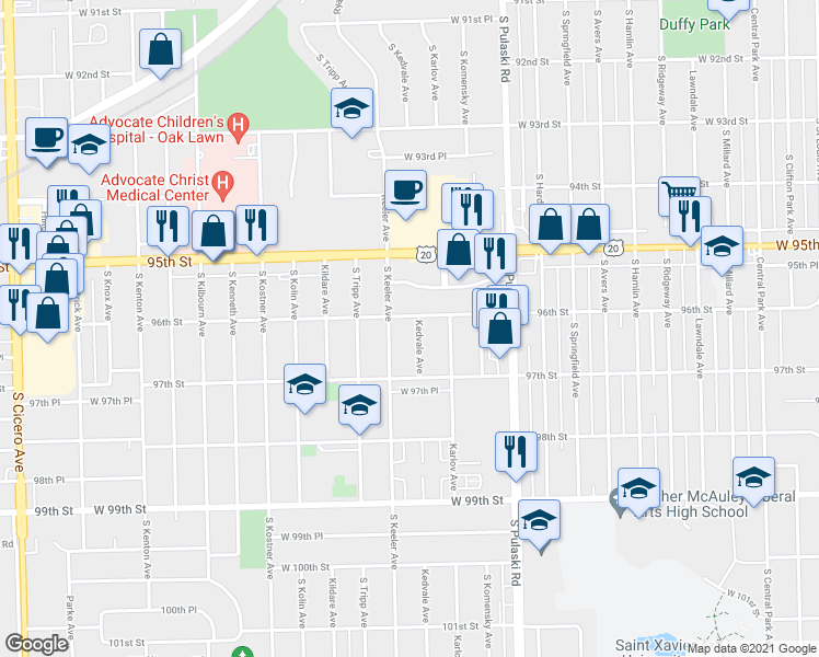 map of restaurants, bars, coffee shops, grocery stores, and more near 9609 South Keeler Avenue in Oak Lawn
