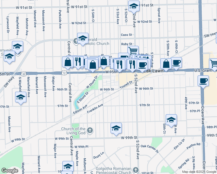 map of restaurants, bars, coffee shops, grocery stores, and more near 5338 West 96th Street in Oak Lawn