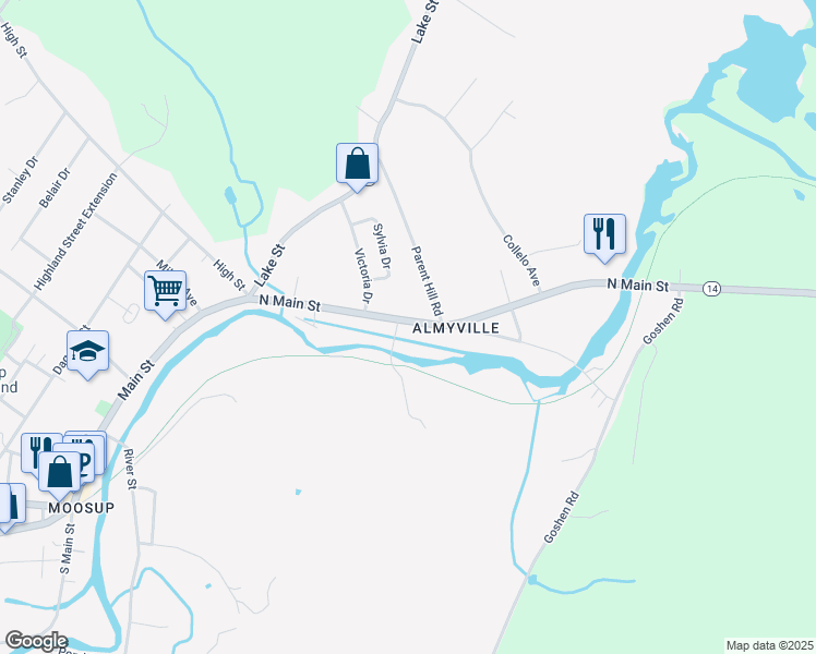 map of restaurants, bars, coffee shops, grocery stores, and more near 480 North Main Street in Plainfield