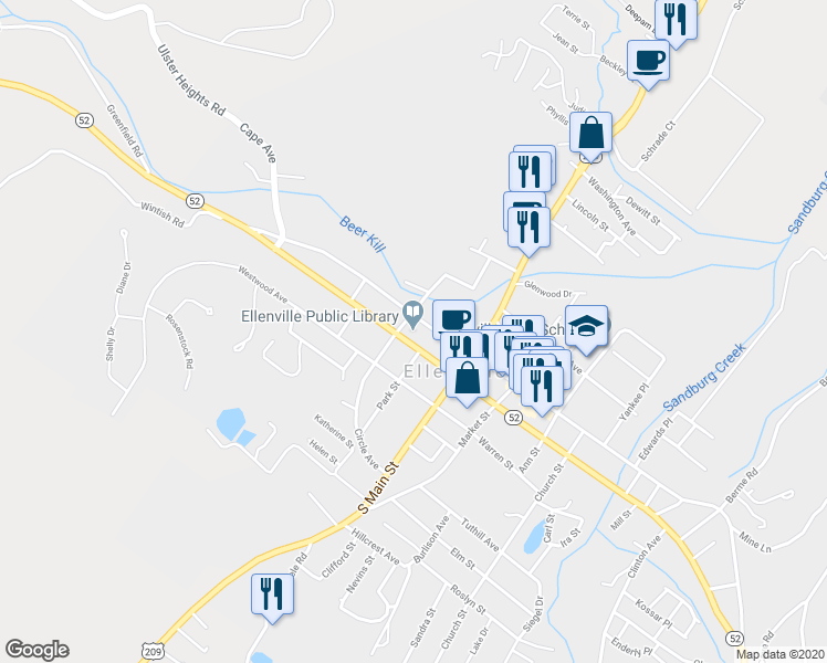 map of restaurants, bars, coffee shops, grocery stores, and more near 40 Center Street in Ellenville