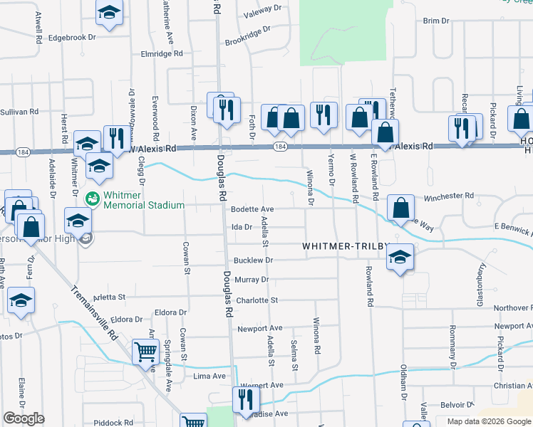 map of restaurants, bars, coffee shops, grocery stores, and more near 2359 Bodette Avenue in Toledo