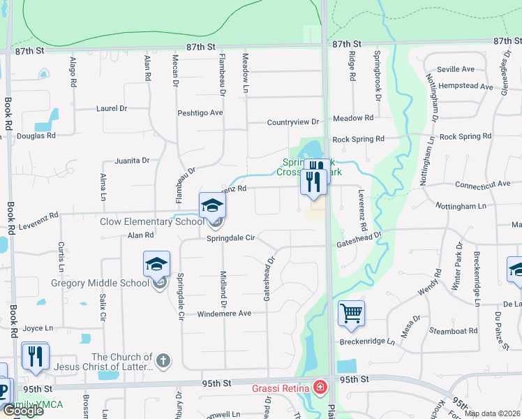 map of restaurants, bars, coffee shops, grocery stores, and more near 2565 Leach Drive in Naperville