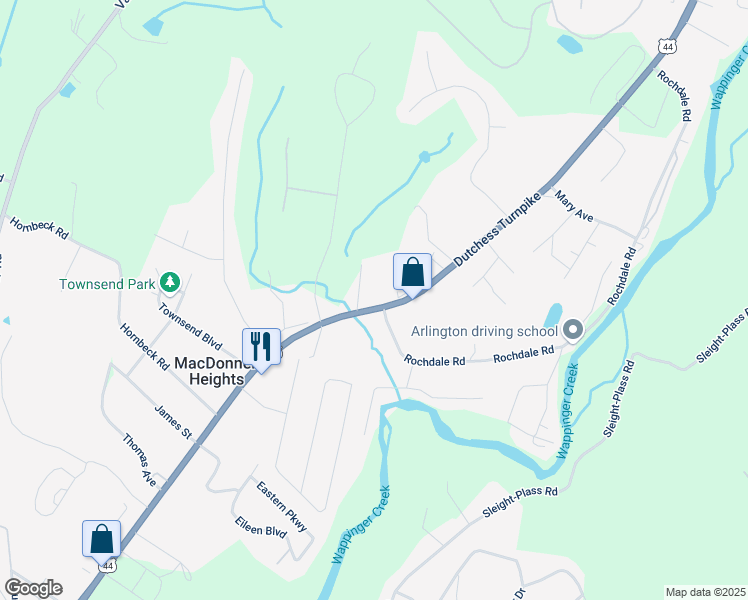 map of restaurants, bars, coffee shops, grocery stores, and more near 1105 Dutchess Turnpike in Poughkeepsie