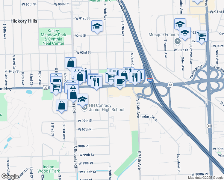 map of restaurants, bars, coffee shops, grocery stores, and more near 7759 95th Street in Hickory Hills