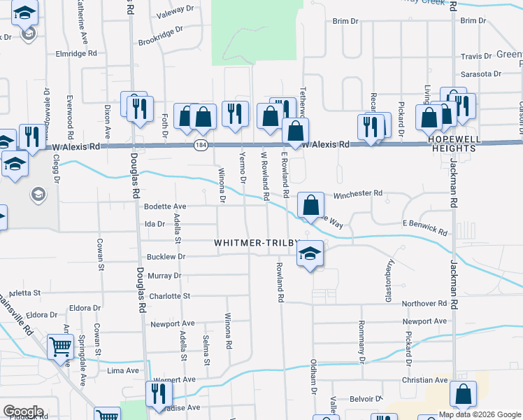 map of restaurants, bars, coffee shops, grocery stores, and more near 5616 Yermo Drive in Toledo