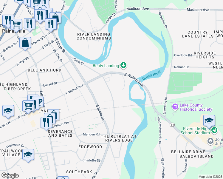 map of restaurants, bars, coffee shops, grocery stores, and more near 491 Bank Street in Painesville