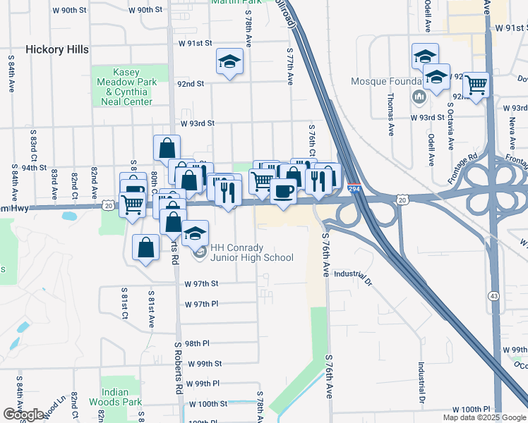 map of restaurants, bars, coffee shops, grocery stores, and more near 7759 95th Street in Hickory Hills