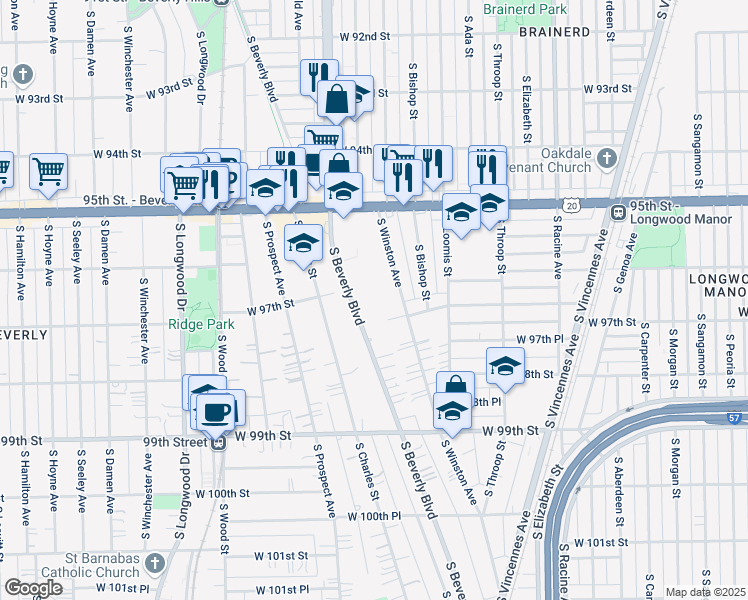 map of restaurants, bars, coffee shops, grocery stores, and more near 9649 South Beverly Boulevard in Chicago