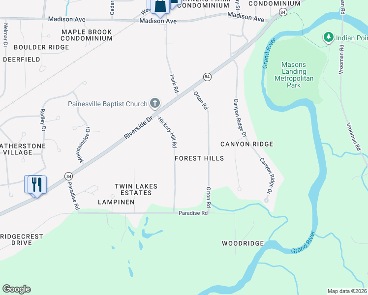 map of restaurants, bars, coffee shops, grocery stores, and more near 91 Hickory Hill Road in Painesville