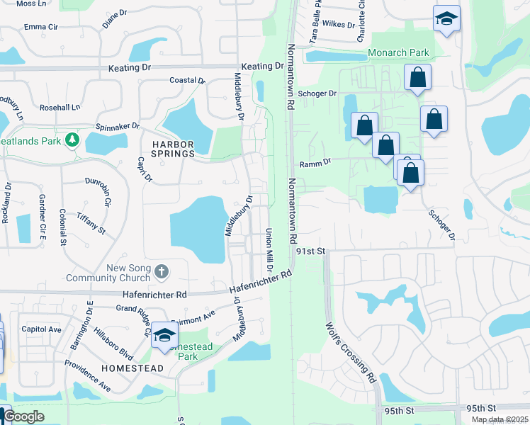 map of restaurants, bars, coffee shops, grocery stores, and more near 2017 Union Mill Drive in Aurora