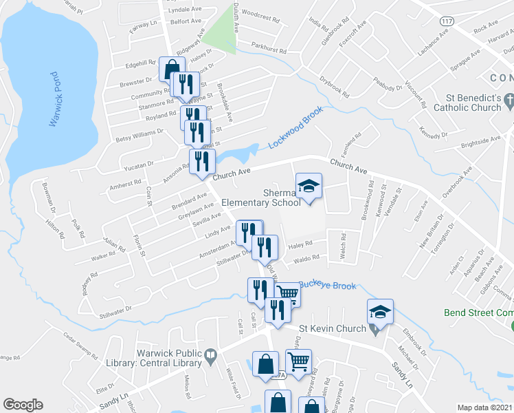 map of restaurants, bars, coffee shops, grocery stores, and more near 222 Killey Avenue in Warwick
