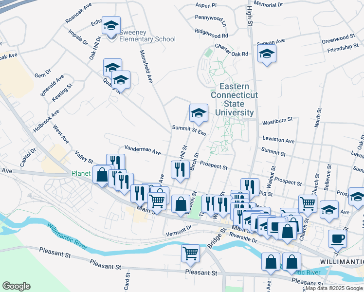 map of restaurants, bars, coffee shops, grocery stores, and more near 191 Ivan Hill Street in Windham