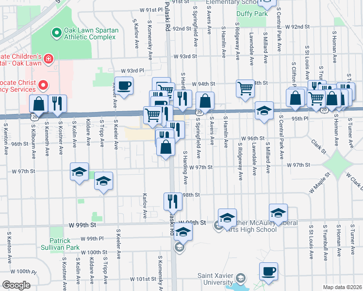 map of restaurants, bars, coffee shops, grocery stores, and more near 9627 South Harding Avenue in Evergreen Park