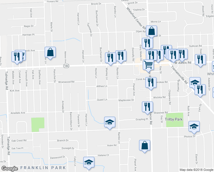 map of restaurants, bars, coffee shops, grocery stores, and more near 5699 Mantey Lane in Toledo