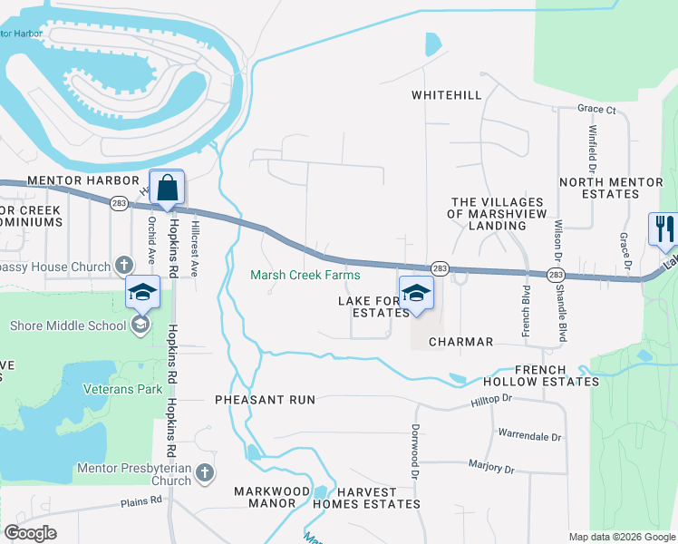map of restaurants, bars, coffee shops, grocery stores, and more near 5626 Frederick Drive in Mentor