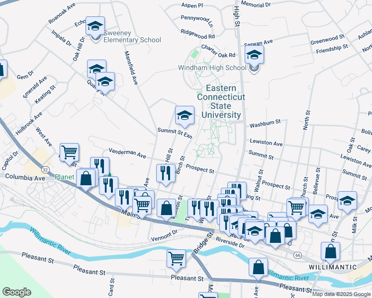 map of restaurants, bars, coffee shops, grocery stores, and more near 210 Birch Street in Windham