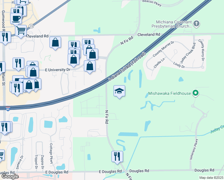 map of restaurants, bars, coffee shops, grocery stores, and more near 6330 North Fir Road in Granger