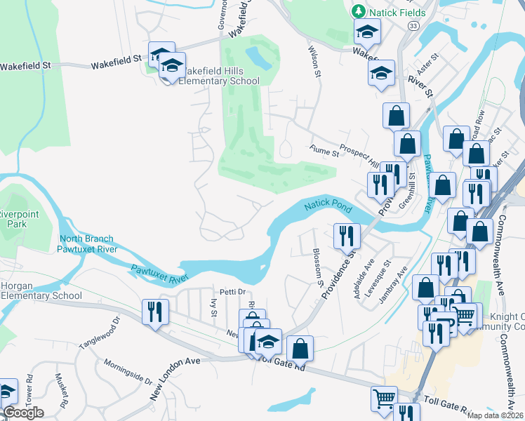 map of restaurants, bars, coffee shops, grocery stores, and more near 190 River Farms Drive in West Warwick