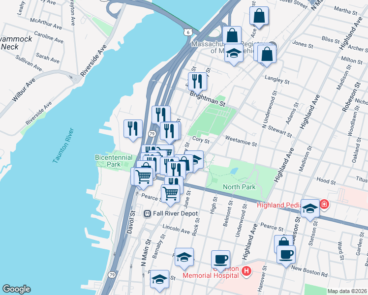 map of restaurants, bars, coffee shops, grocery stores, and more near 62 Almy Street in Fall River