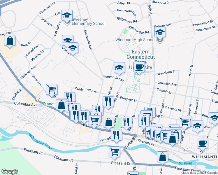 map of restaurants, bars, coffee shops, grocery stores, and more near 191 Ivan Hill Street in Windham