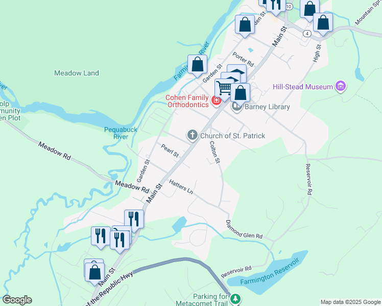 map of restaurants, bars, coffee shops, grocery stores, and more near 113 Main Street in Farmington