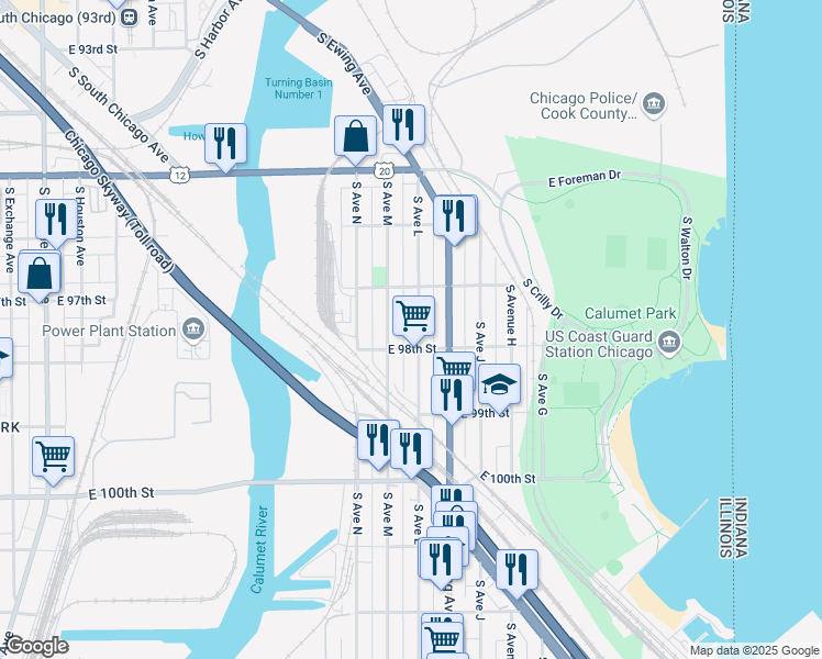 map of restaurants, bars, coffee shops, grocery stores, and more near 9751 South Avenue M in Chicago
