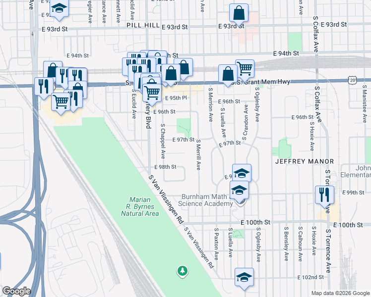 map of restaurants, bars, coffee shops, grocery stores, and more near 9726 South Merrill Avenue in Chicago