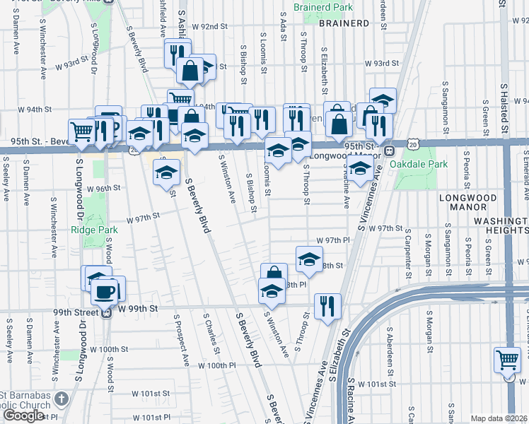 map of restaurants, bars, coffee shops, grocery stores, and more near 9921 South Bishop Street in Chicago