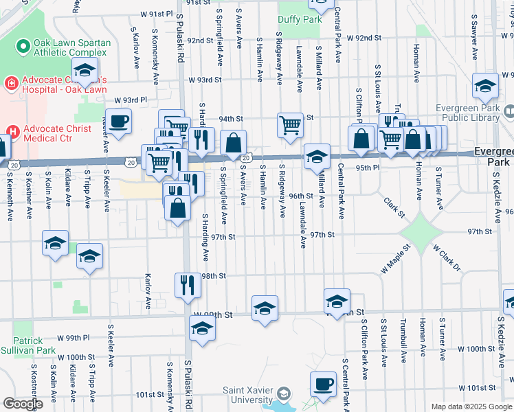 map of restaurants, bars, coffee shops, grocery stores, and more near 9624 South Hamlin Avenue in Evergreen Park
