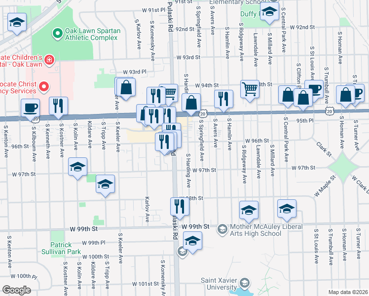 map of restaurants, bars, coffee shops, grocery stores, and more near 9627 South Harding Avenue in Evergreen Park