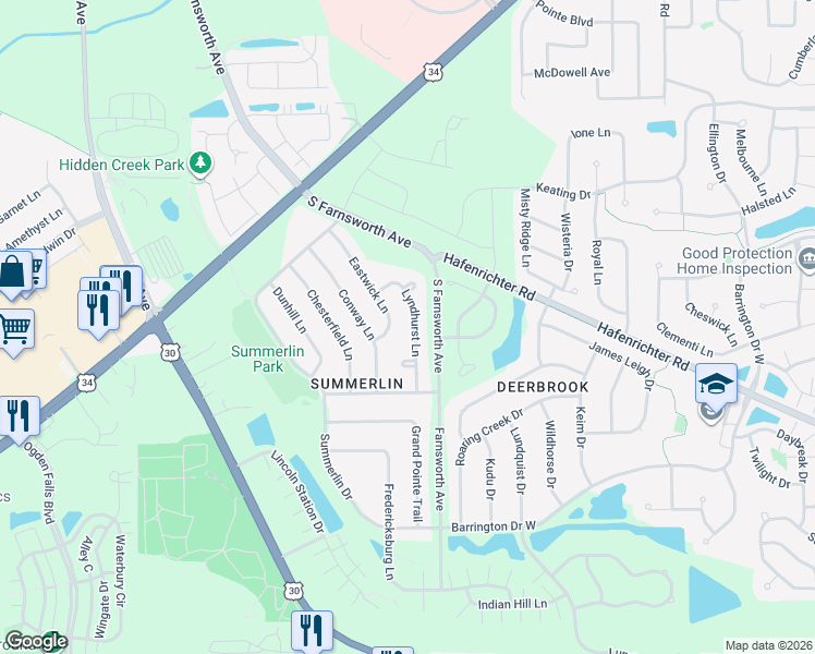 map of restaurants, bars, coffee shops, grocery stores, and more near 2037 Lyndhurst Lane in Aurora