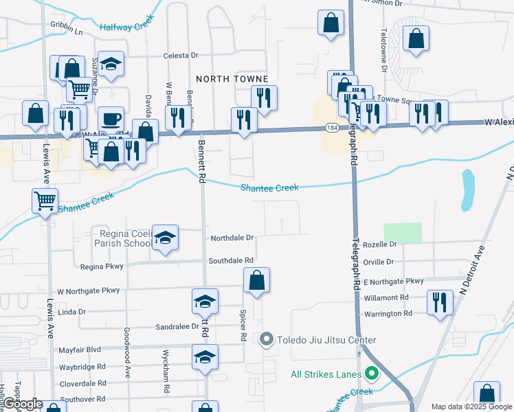 map of restaurants, bars, coffee shops, grocery stores, and more near 5549 Silverdale Drive in Toledo