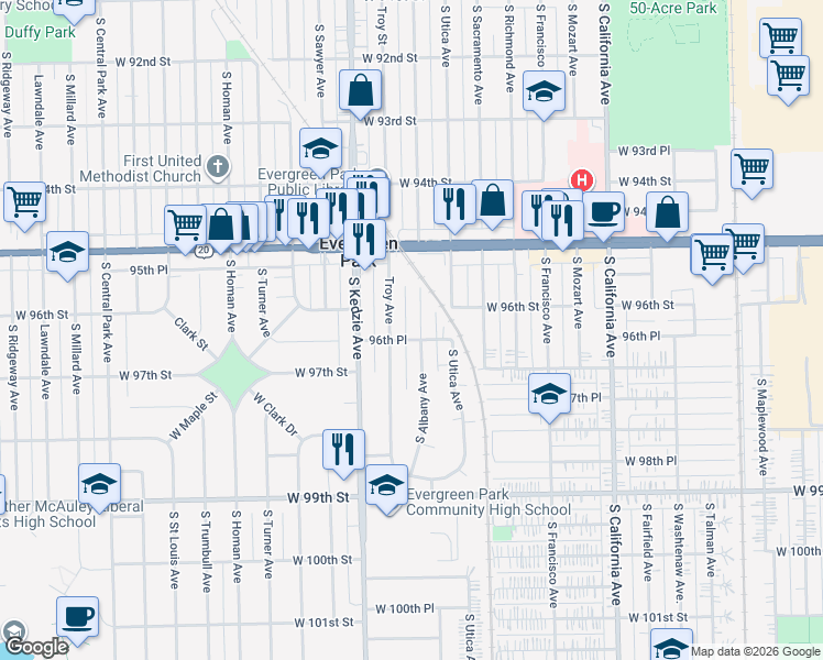 map of restaurants, bars, coffee shops, grocery stores, and more near 9617 South Albany Avenue in Evergreen Park