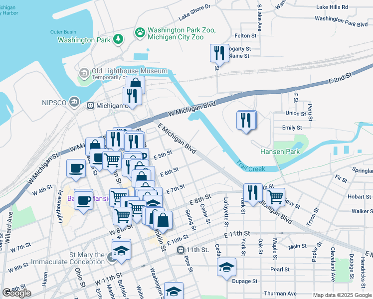 map of restaurants, bars, coffee shops, grocery stores, and more near 503 East Michigan Boulevard in Michigan City