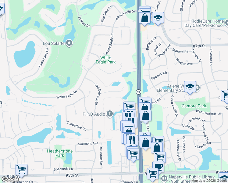 map of restaurants, bars, coffee shops, grocery stores, and more near 3131 Aviara Court in Naperville