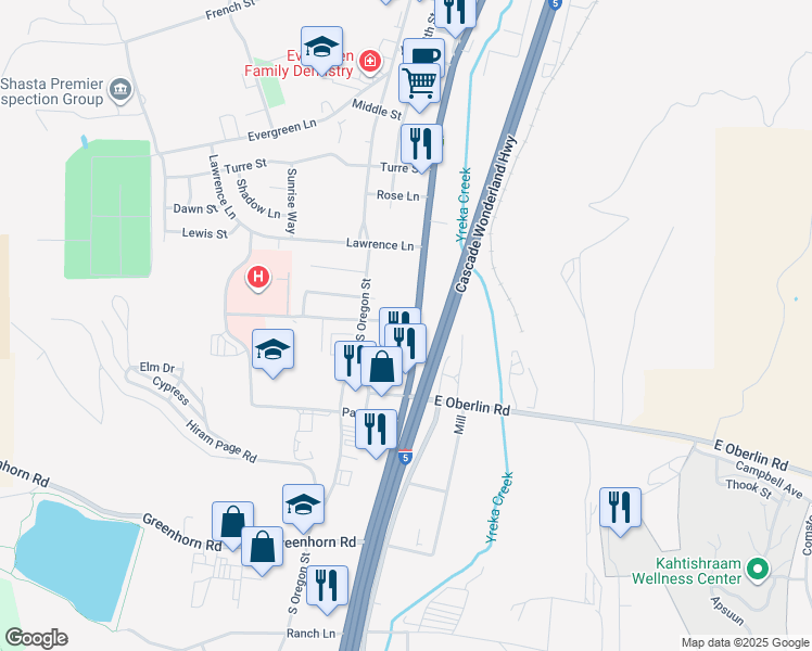 map of restaurants, bars, coffee shops, grocery stores, and more near 1273 South Main Street in Yreka