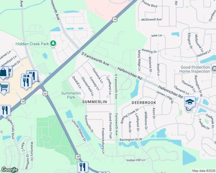 map of restaurants, bars, coffee shops, grocery stores, and more near 2037 Lyndhurst Lane in Aurora