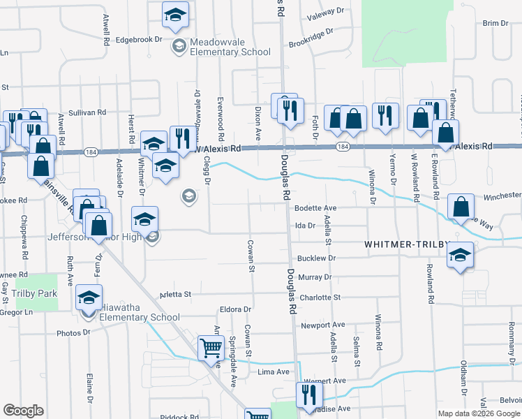 map of restaurants, bars, coffee shops, grocery stores, and more near 2544 Schroeder Court in Toledo