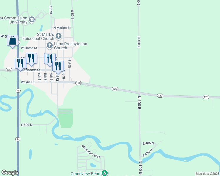 map of restaurants, bars, coffee shops, grocery stores, and more near 764 Indiana 120 in Howe