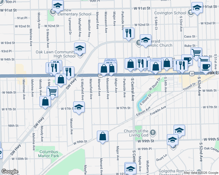 map of restaurants, bars, coffee shops, grocery stores, and more near 954 96th Street in Oak Lawn