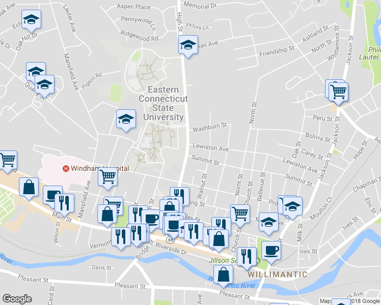 map of restaurants, bars, coffee shops, grocery stores, and more near 219 High Street in Windham