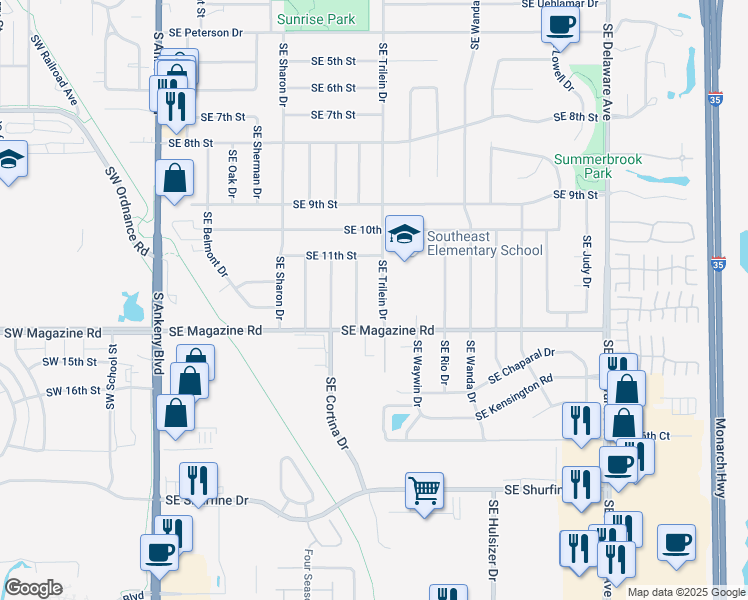 map of restaurants, bars, coffee shops, grocery stores, and more near 1306 Southeast Trilein Drive in Ankeny