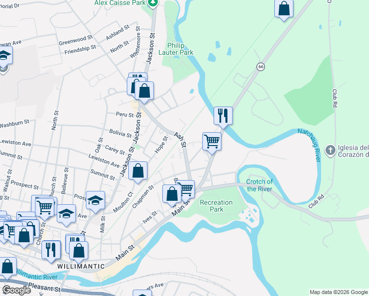 map of restaurants, bars, coffee shops, grocery stores, and more near 84 Ash Street in Windham