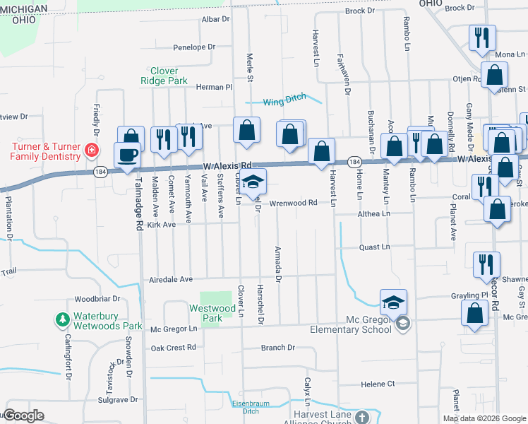 map of restaurants, bars, coffee shops, grocery stores, and more near 5658 Harschel Drive in Toledo