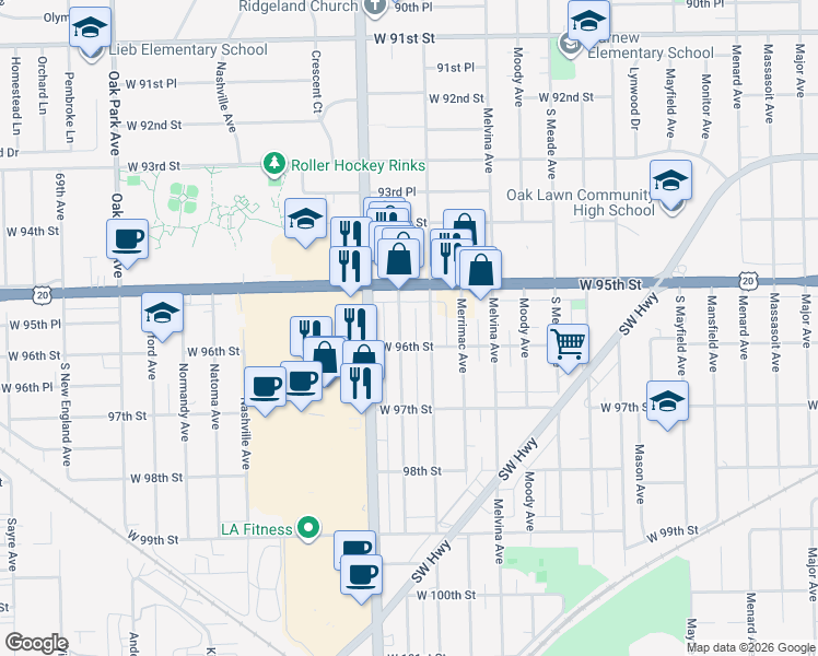 map of restaurants, bars, coffee shops, grocery stores, and more near 9549 Marion Avenue in Oak Lawn