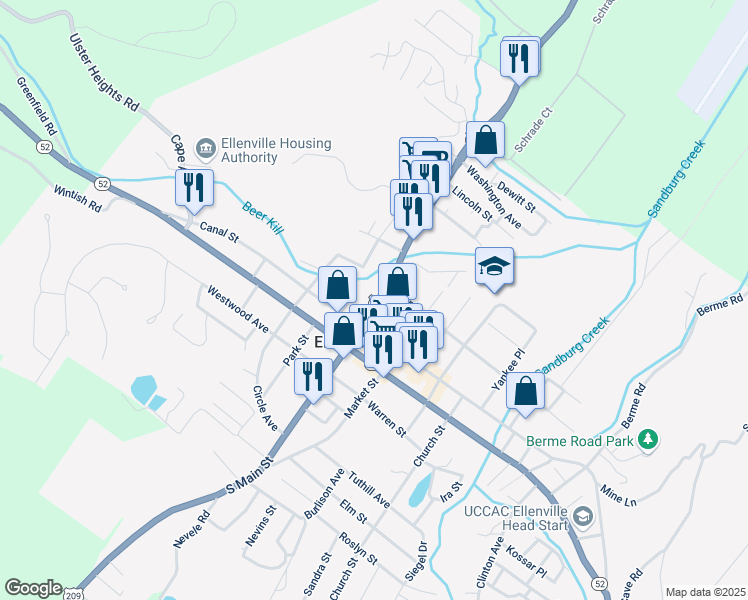 map of restaurants, bars, coffee shops, grocery stores, and more near 80 North Main Street in Ellenville