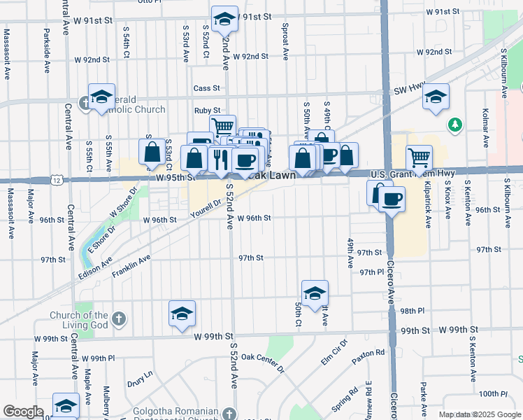 map of restaurants, bars, coffee shops, grocery stores, and more near 5100 West 96th Street in Oak Lawn