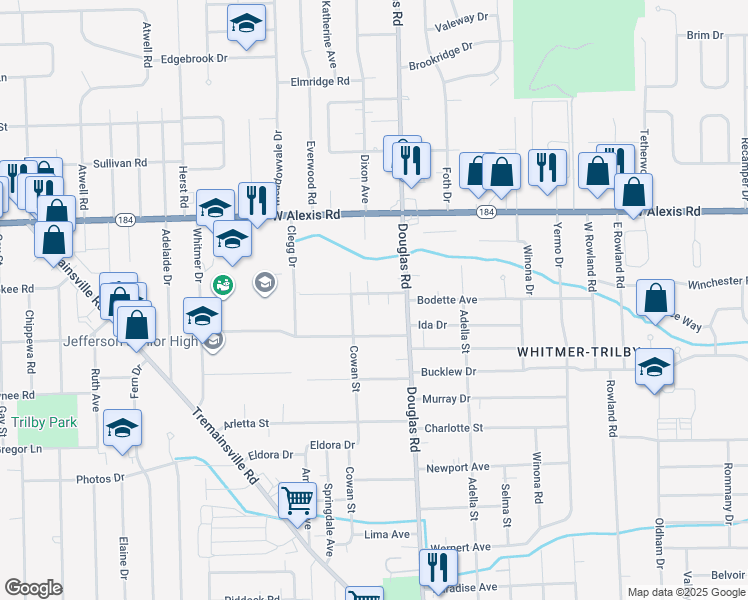 map of restaurants, bars, coffee shops, grocery stores, and more near 2537 Schroeder Street in Toledo
